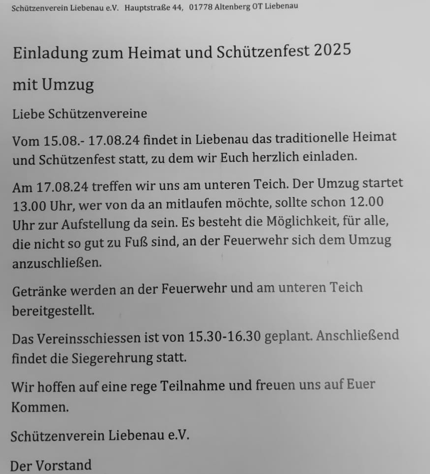 Schuetzenfest Liebenau - Einladung
